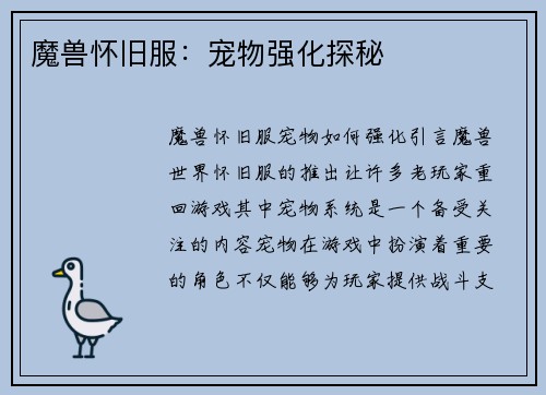 魔兽怀旧服：宠物强化探秘